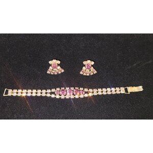 Vintage Beautiful Pink/Purple Rhinestone Double-Row Bracelet & Earrings Set